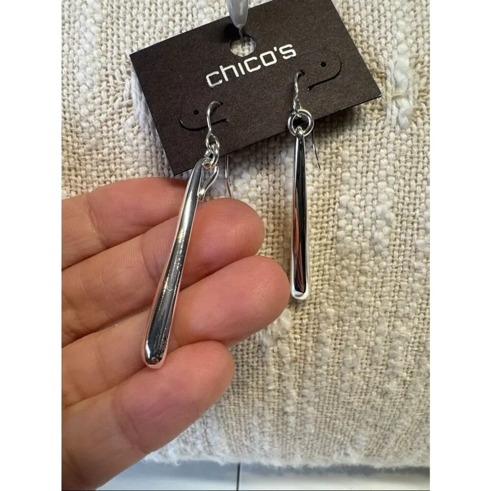 0052 Chico's Polished Silver‎ Long Bar Dangle Earrings
